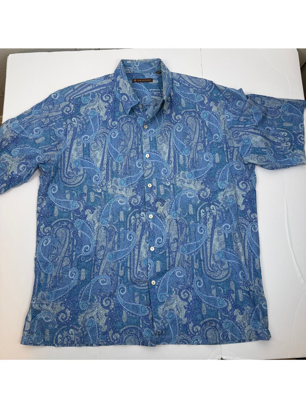 Tori Richard Blue Paisley Hawaiian Shirt Cotton Lawn Large Resort